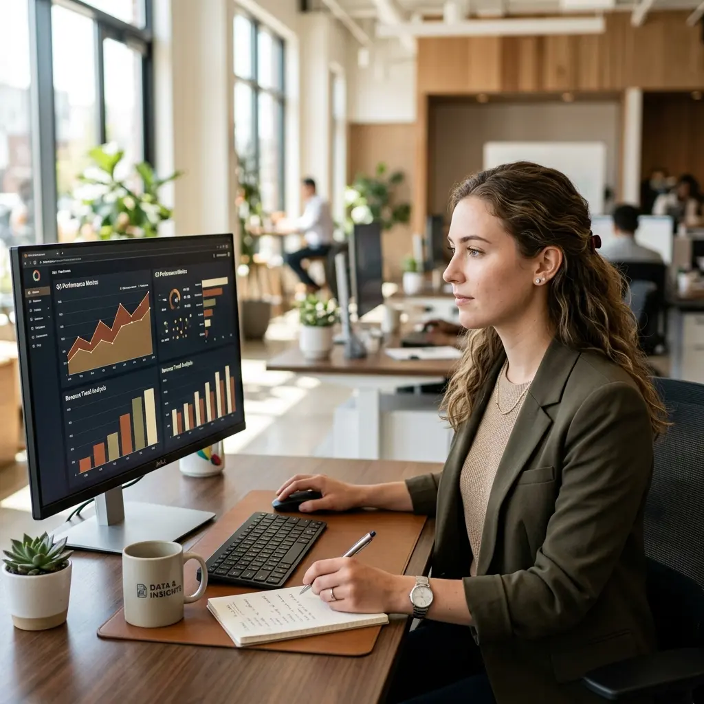 Data analyst reviewing performance charts